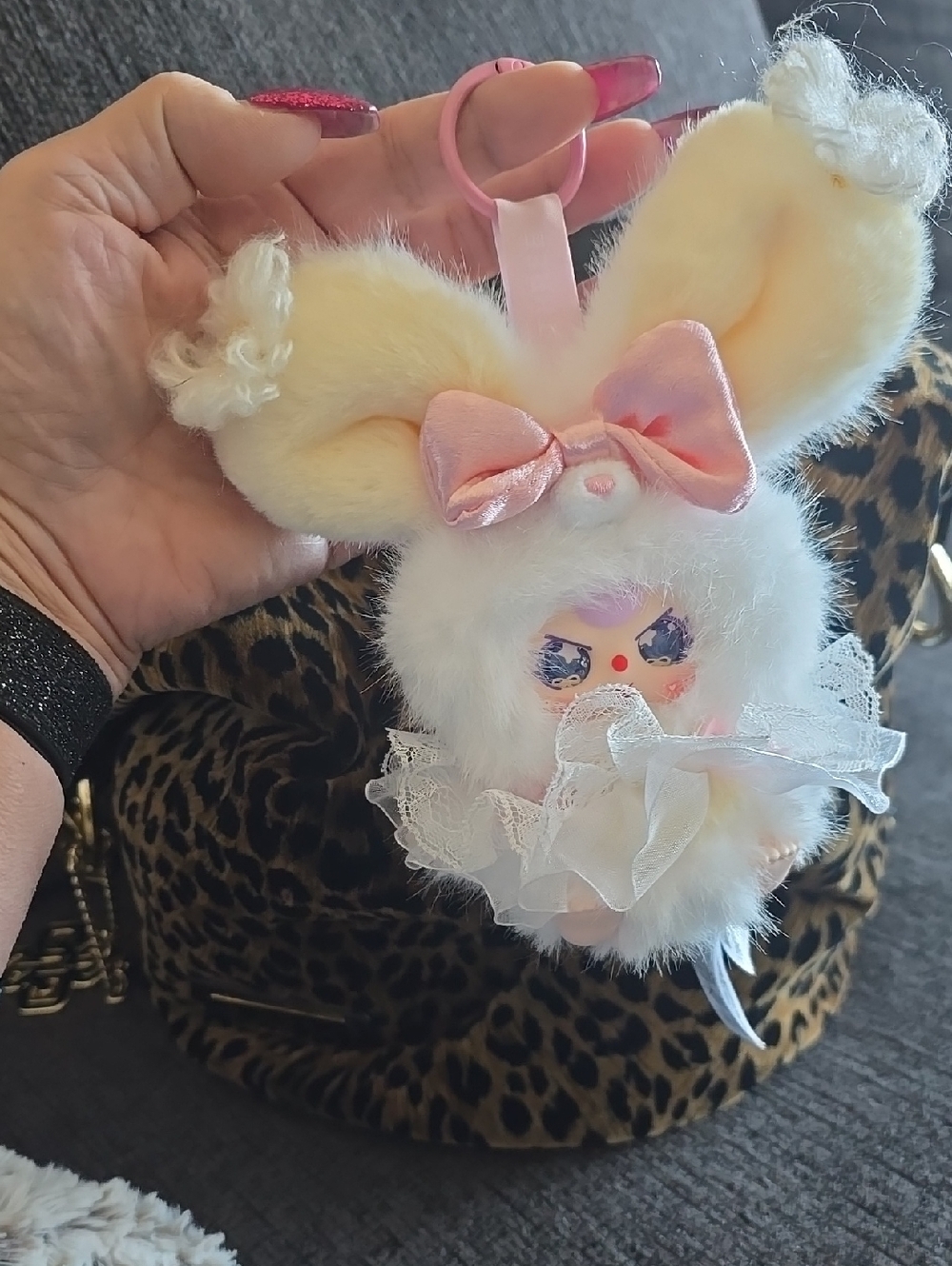 Plush Bunny Bag Charm Keychain - White and Pink